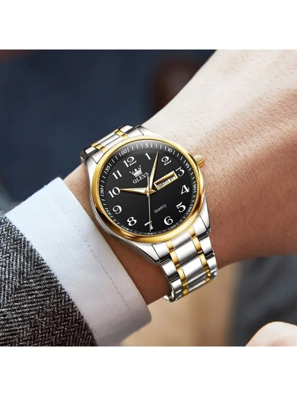 Men's Silver Black Stainless Steel Analog Quartz Classic Waterproof Round Watch